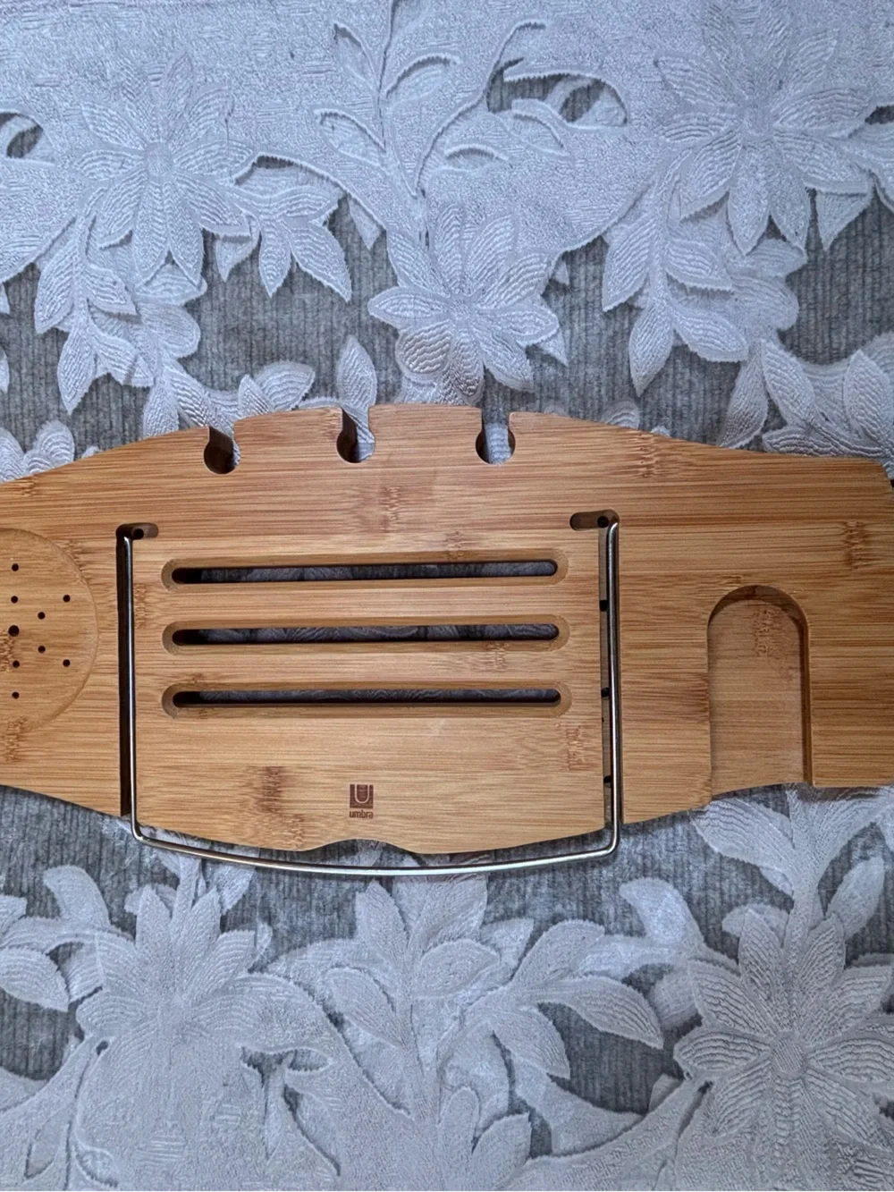 Umbra Bamboo Bathtub Caddy Tray Wine Book Tablet Phone Soap Holder Wire Handles